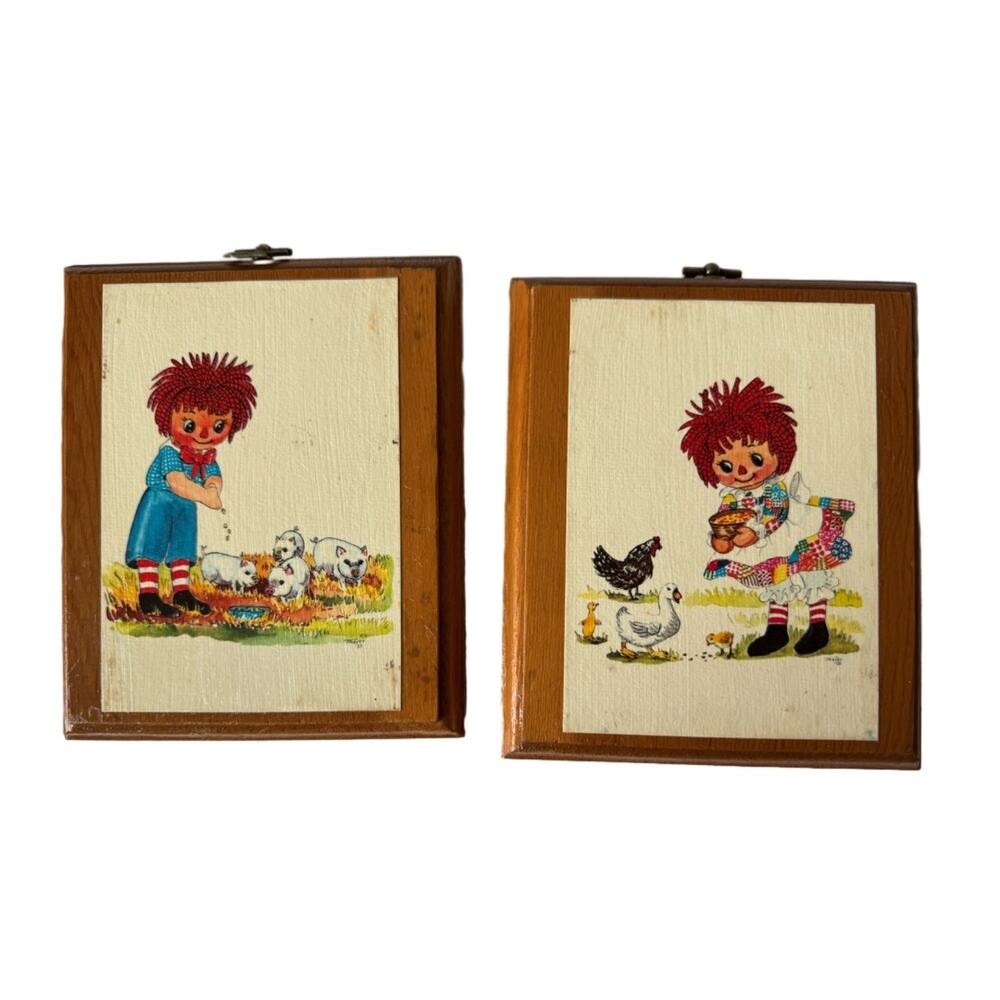1977 Raggedy Ann & Andy Wooden Wall Plaques Bobbs-Merrill Set Americana Classic